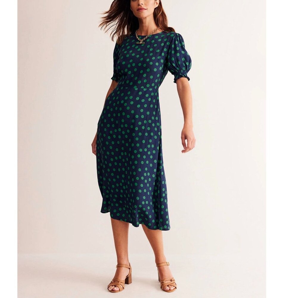 NWT Boden Corinne Midi Tea Dress | Size 10 | Navy Abstract Dots
